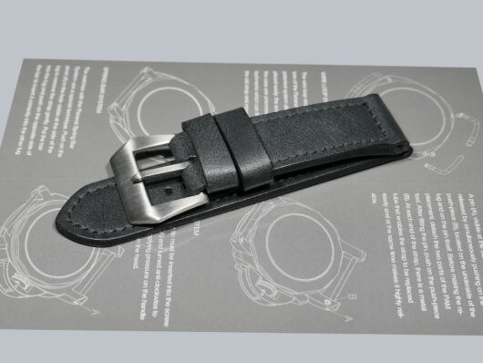 Witness the craftsmanship of Marcello Straps' grey Panerai strap in this detailed photograph IMAGE