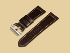 Dark Brown Panerai Radiomir Strap from Marcello Straps on a wooden surface