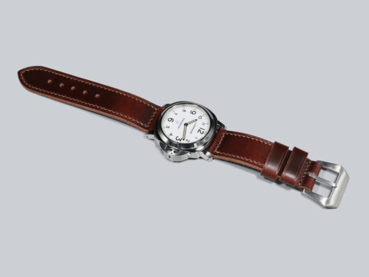 Detailed 44mm Burgundy Panerai Strap from Marcello Straps with brushed buckle